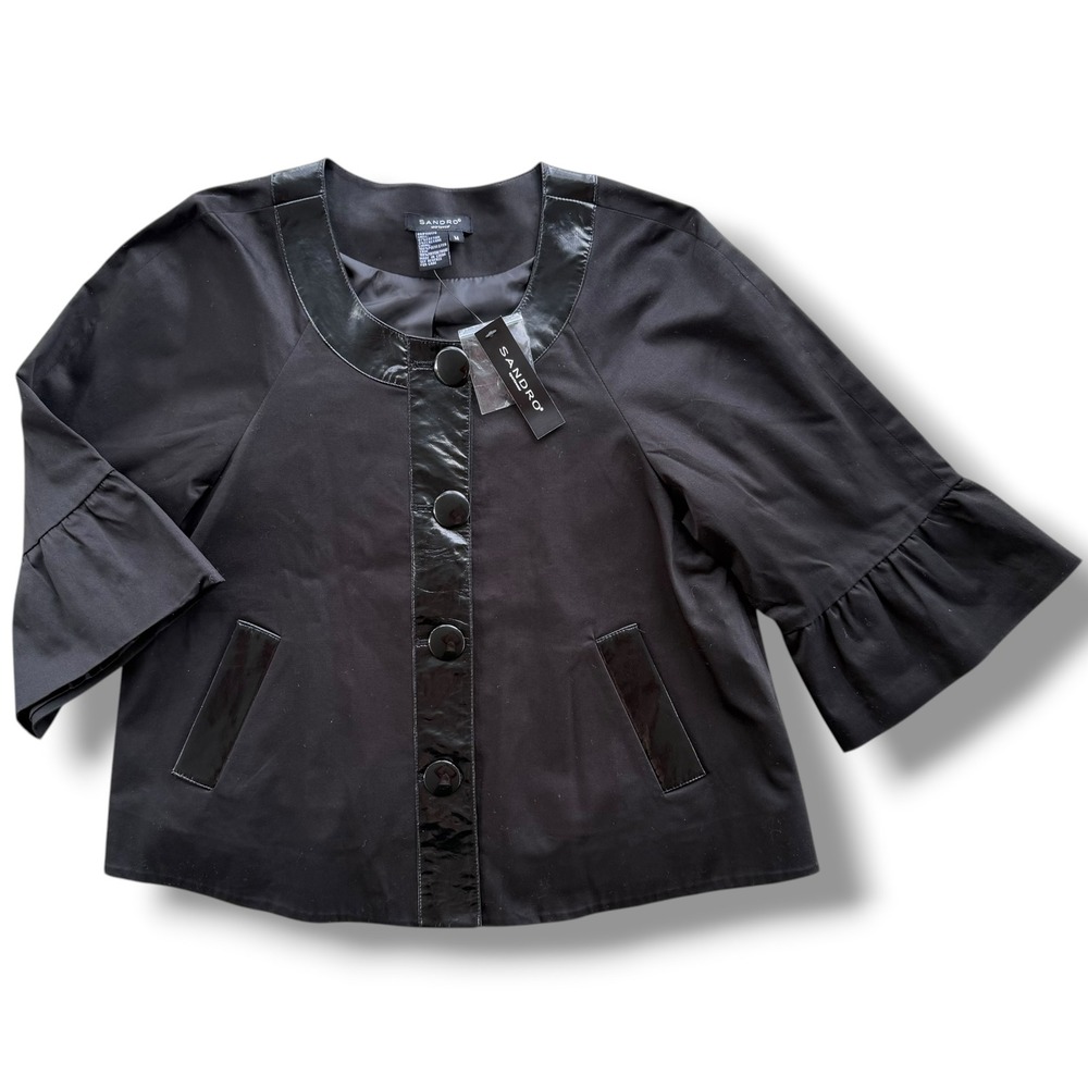 Sandro Sportswear M Black Button Front 3/4 Bell Sleeve Glossy Trim Bolero Jacket